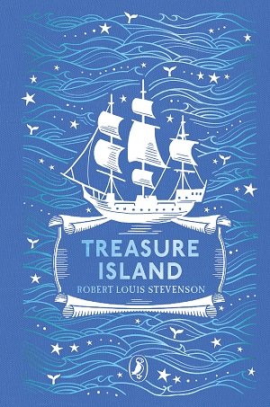 cover of Treasure Island showing a styllized white tall ship with a background of styllized blue waves
