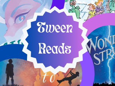 graphic that says "Tween Reads" with parts of book covers as the background