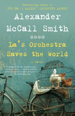 cover of La's Orchestra Saves the World showing a bike against a wall with a cage on the back containing a duck and two chickens
